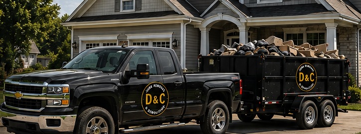 D&C pickup truck pulling a loaded utility trailer in a residential neighborhood
